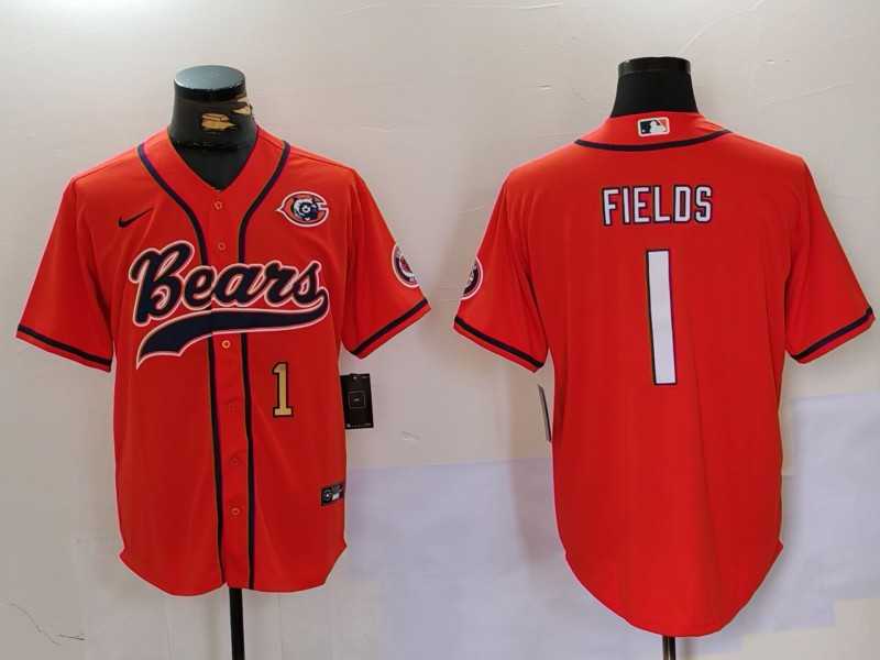 Mens Chicago Bears #1 Justin Fields Orange Throwback With Patch Cool Base Stitched Baseball Jerseys